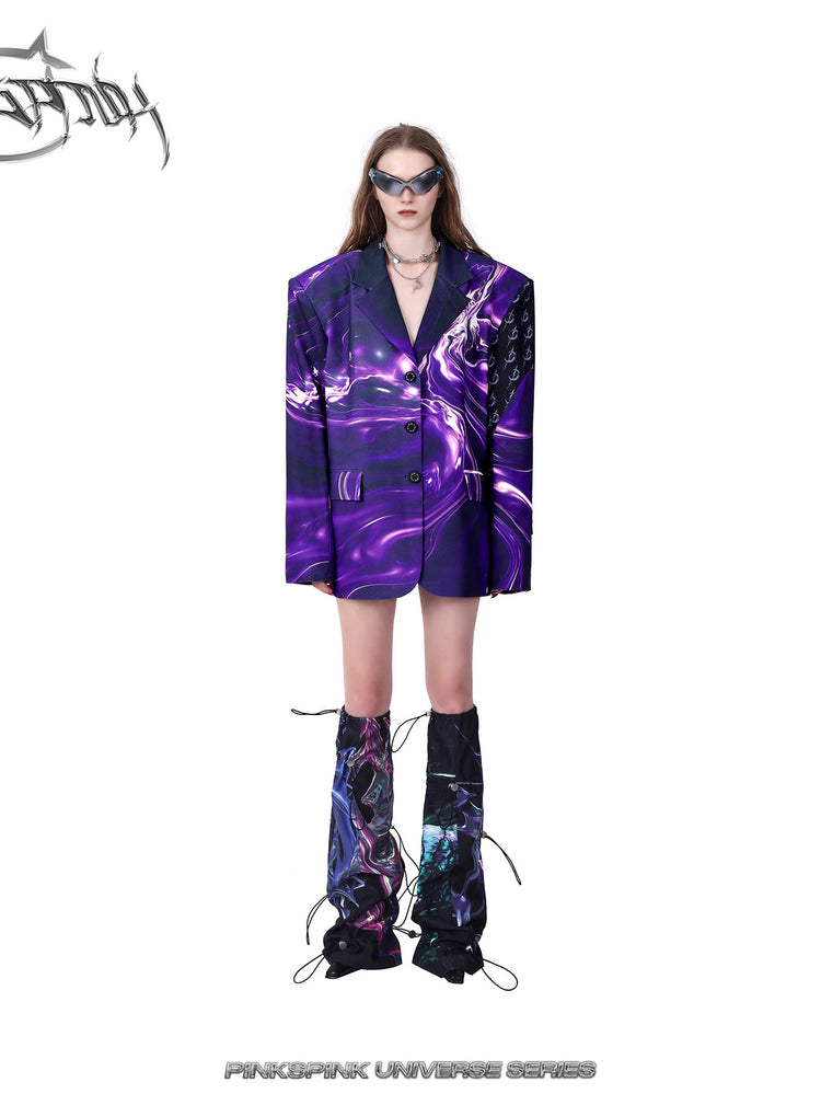 PINKSPINK COSMOS drawcord patchwork leg warmers in black purple multicolor — front full-length modeled view styled with a purple blazer