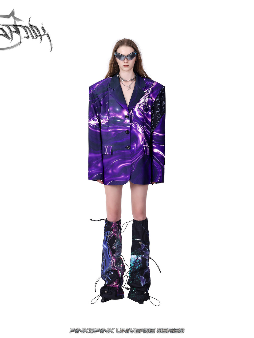 PINKSPINK ELECTRIC MOON layered alloy necklace in silver — straight front outfit view with a purple blazer