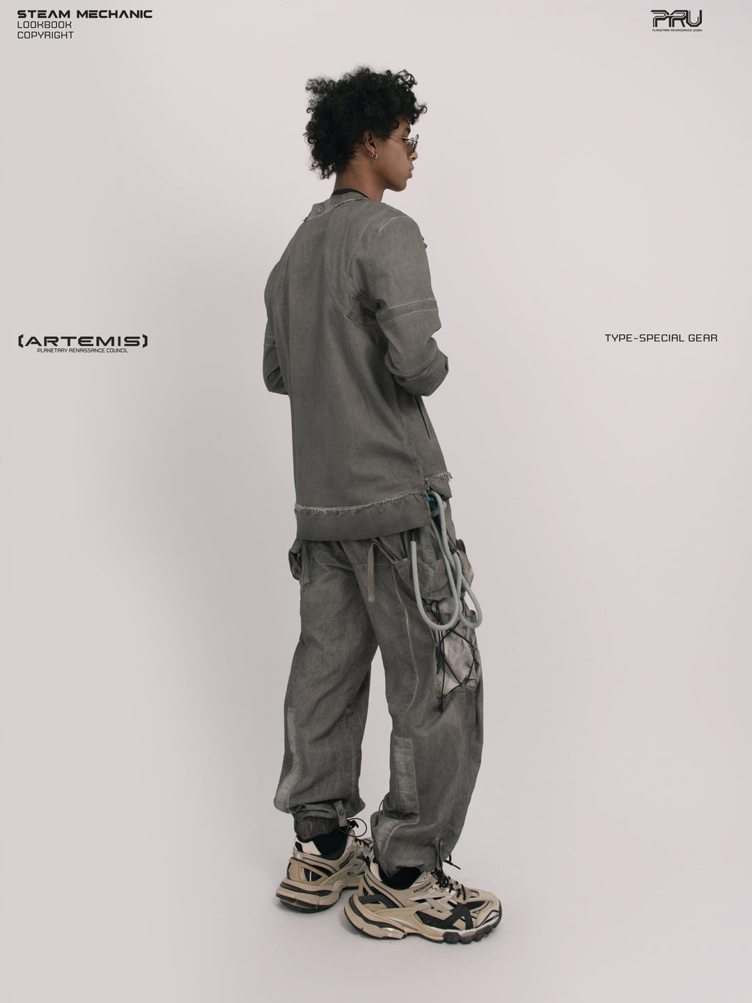 CHAOS ERA moon dust gray raw-edge long-sleeve top — side and rear full-length modeled view