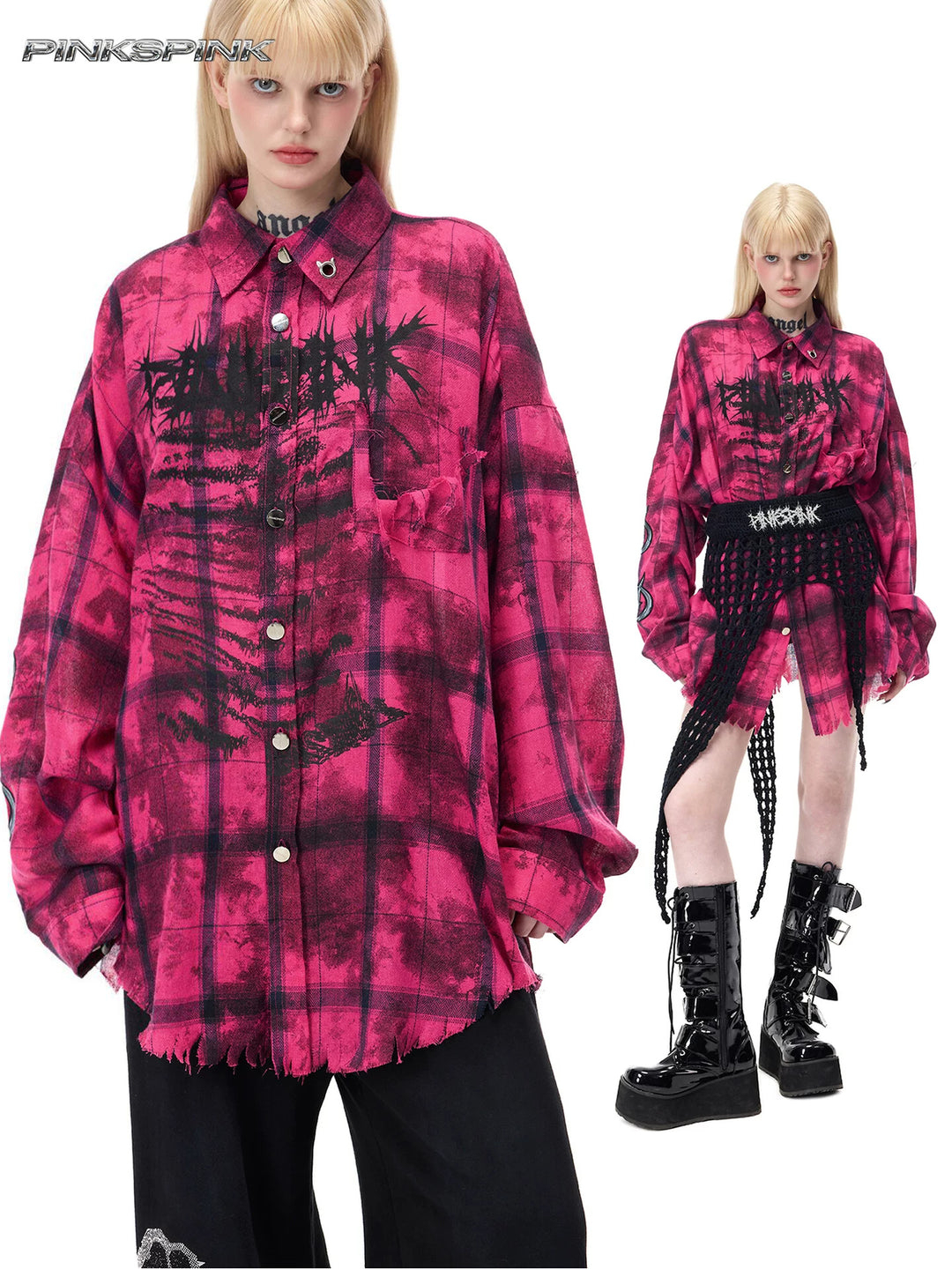 PINKSPINK ELECTRIC MOON distressed oversized plaid shirt in pink and black plaid — collage of close front and full-length modeled views