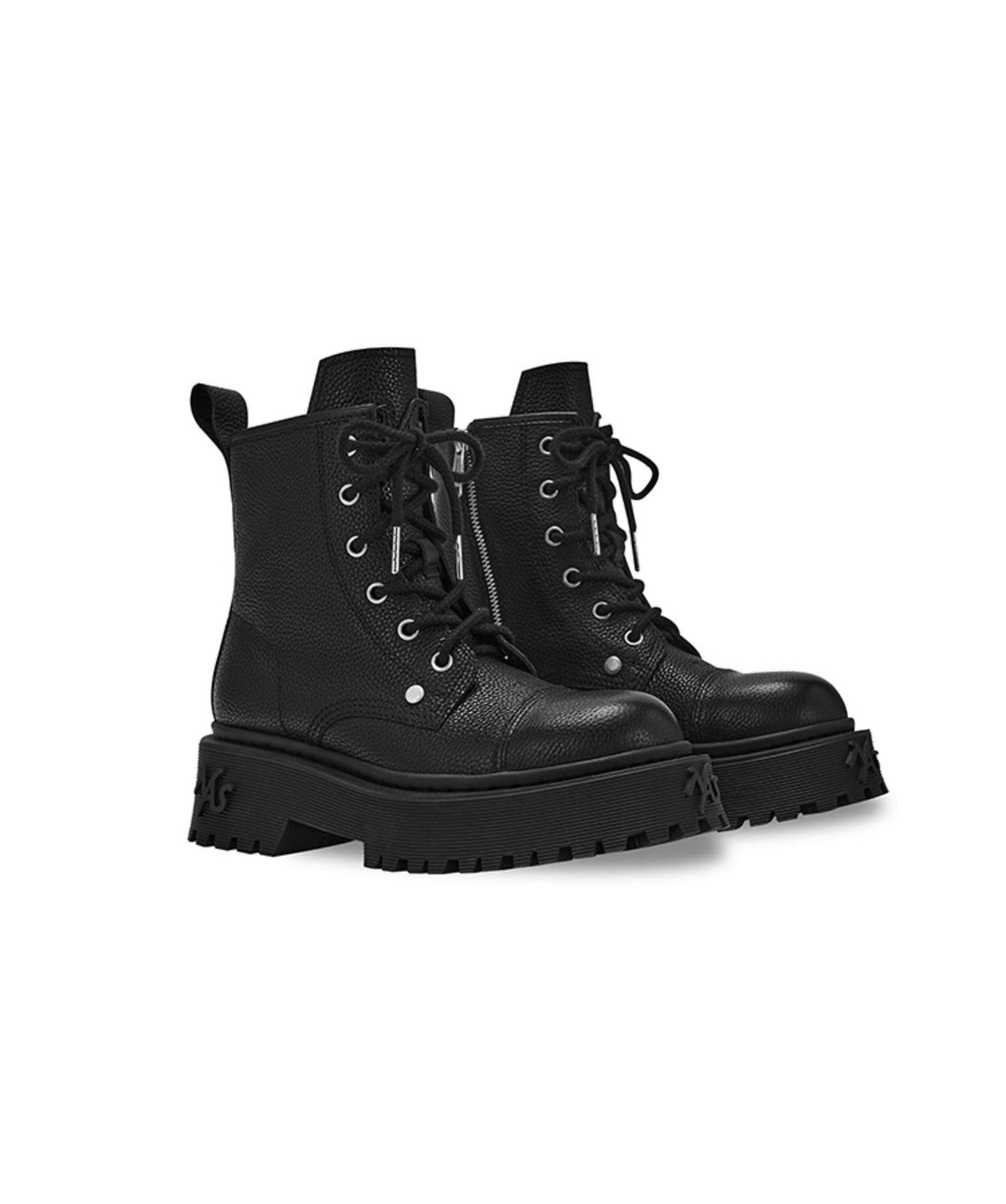 NAWS KNIGHT leather platform lace-up boots in MOORE BLACK — three-quarter shoe-only view showing pebbled uppers and laces.