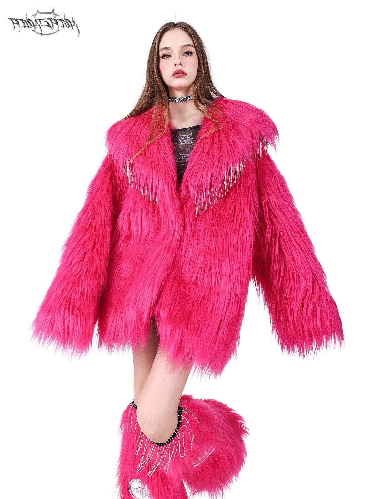 PINKSPINK BARBIE PINK rhinestone faux-fur leg warmers — full-length modeled styling view