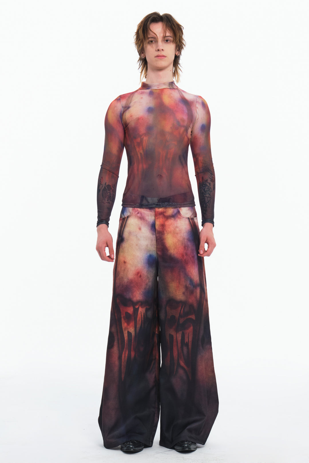 EMBRYO BRUISE SIGNAL printed mesh top — full-length modeled view