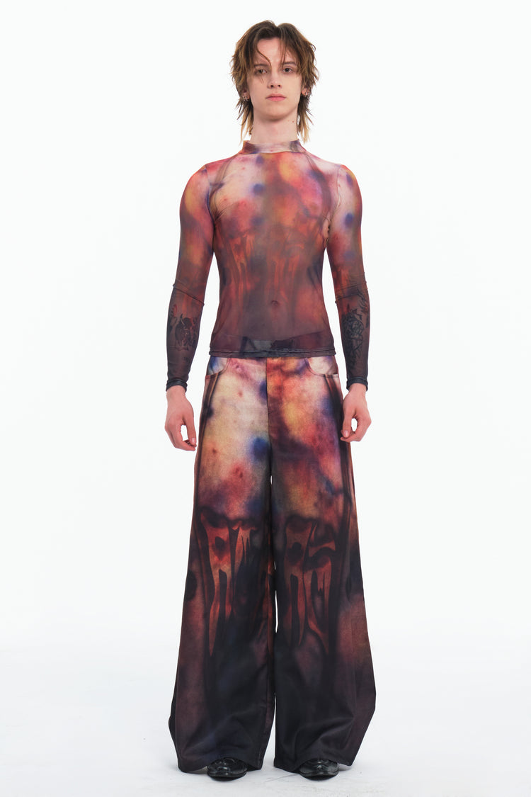 EMBRYO BRUISE SIGNAL printed mesh top — full-length modeled view