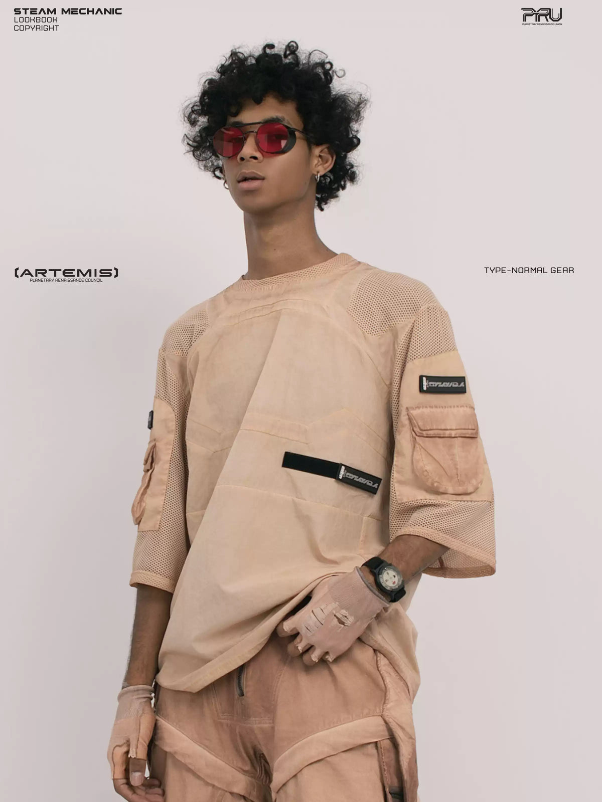 STARCORE soft dawn orange velcro mesh tee — side three-quarter modeled view showing sleeve pocket