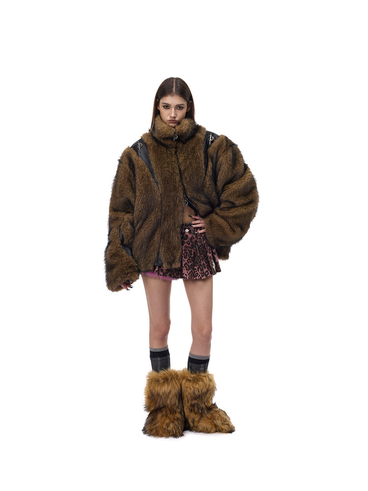 PINKSPINK ELECTRIC MOON paneled faux-fur jacket — front full-length styling with hand on hip