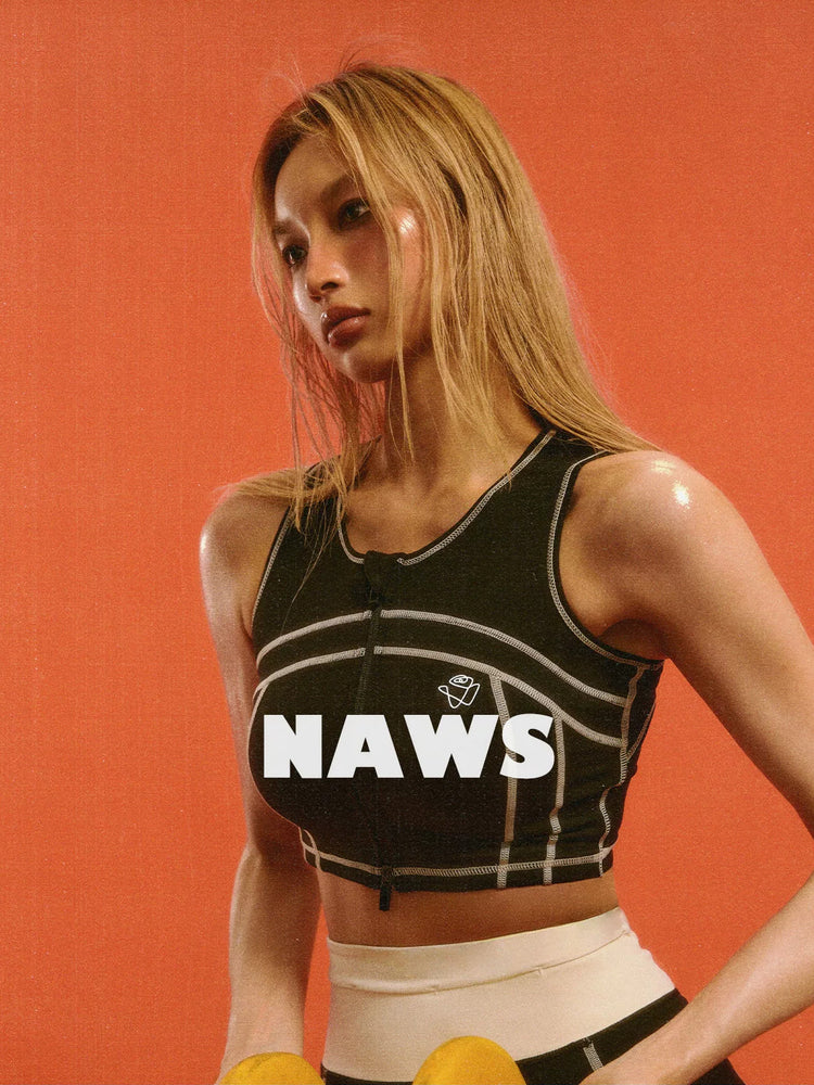 NAWS CLOUD zip-front sports bra — cleaned hero collage showing the complete design