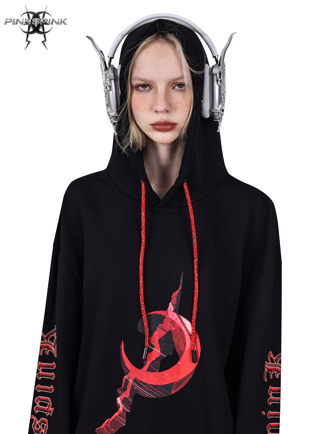 PINKSPINK MIRROR rhinestone-drawcord oversized hoodie — hood-up modeled close-up in black