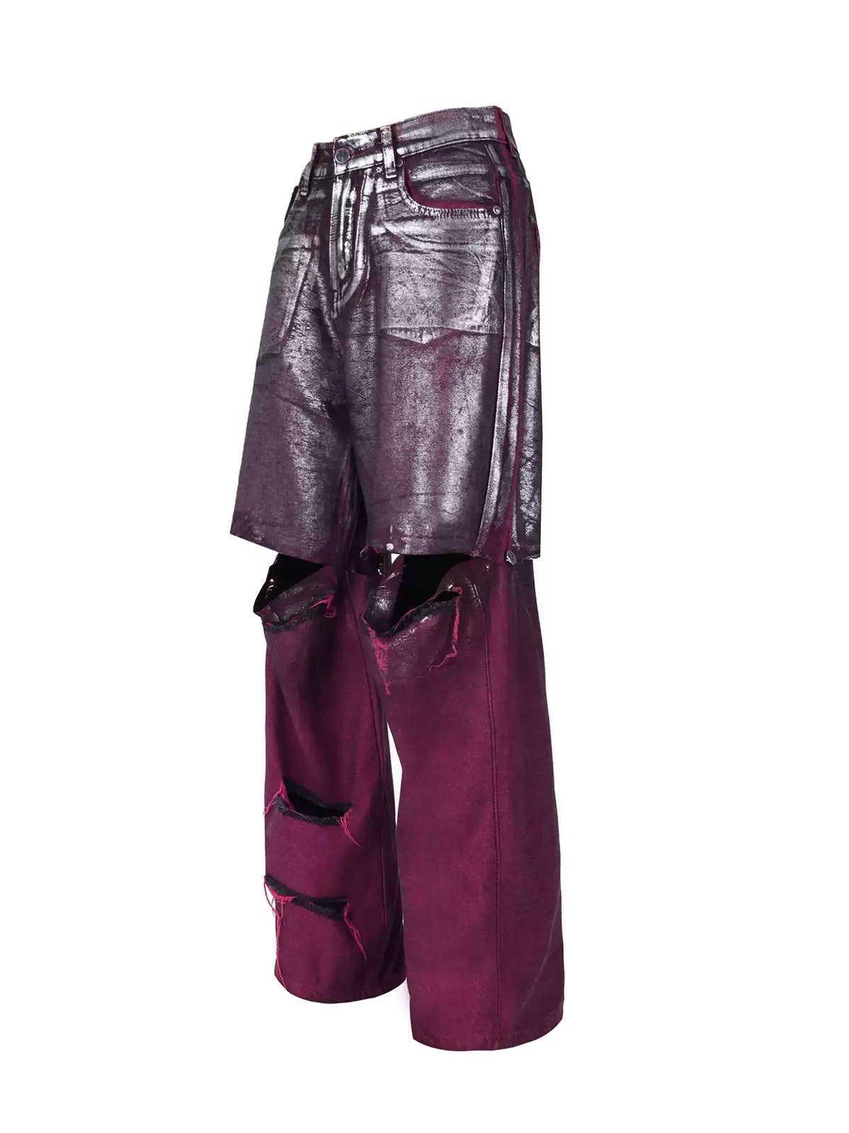 PINKSPINK ELECTRIC MOON silver-coated convertible jeans in burgundy silver — front garment-only view showing the coated shorts layer and burgundy lower legs