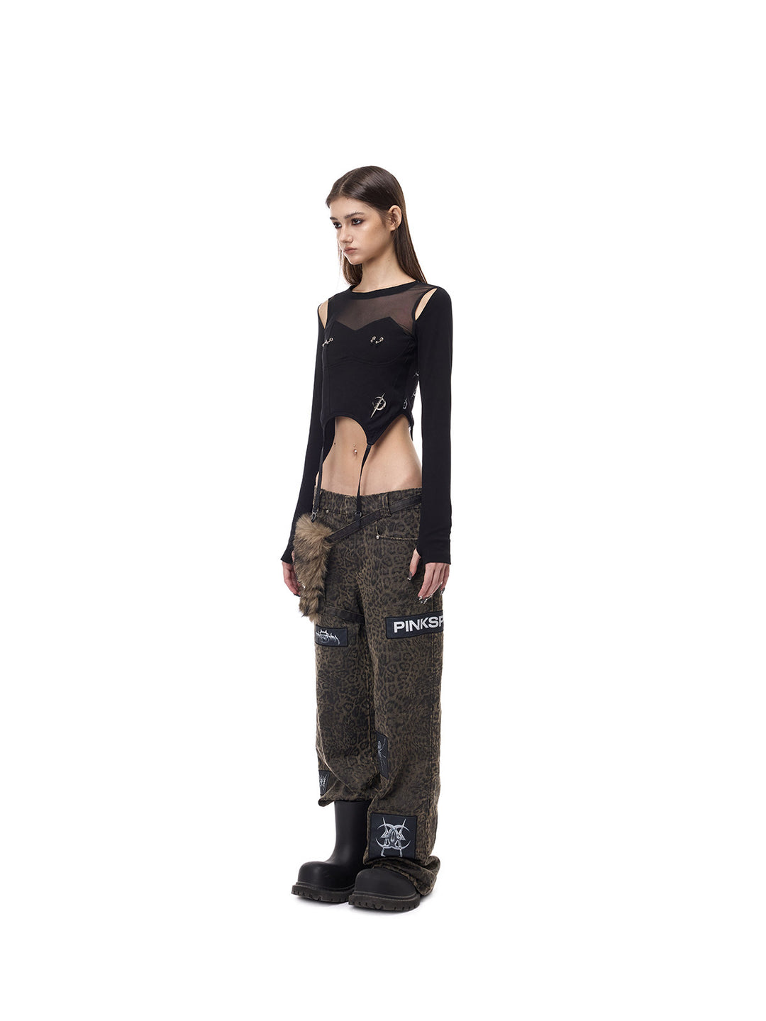 PINKSPINK LEOPARD RIOT detachable-pouch wide-leg pants — side full-length styling with fitted cutout top
