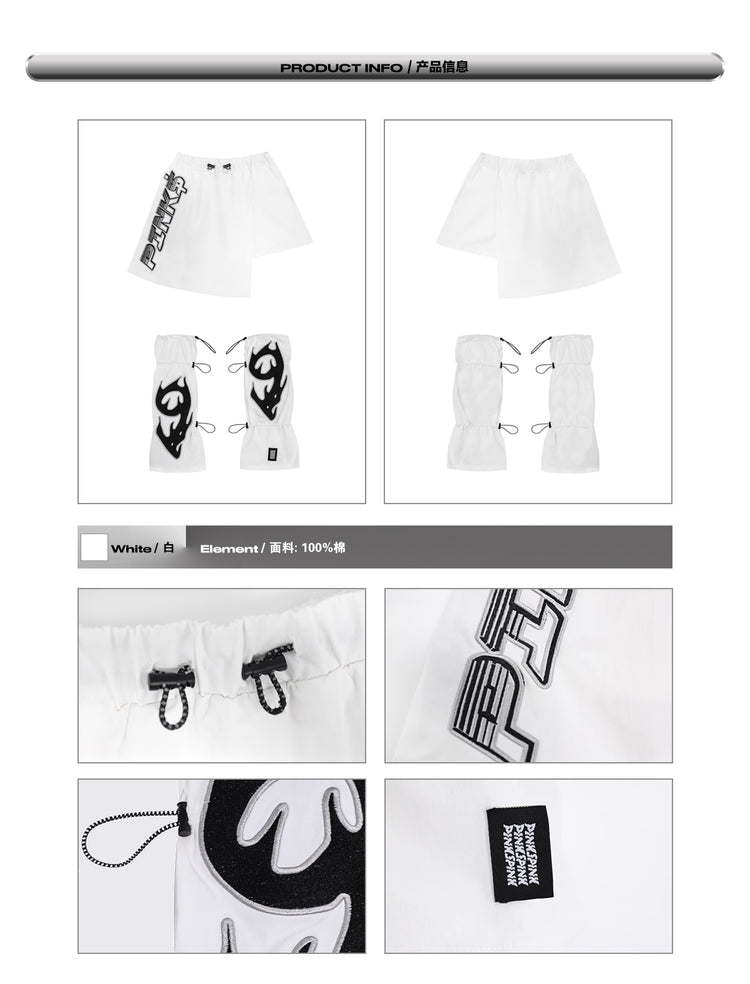 PINKSPINK 24/AW mini skirt and leg warmers in WHITE — garment detail grid showing front, back, ties, print and label.