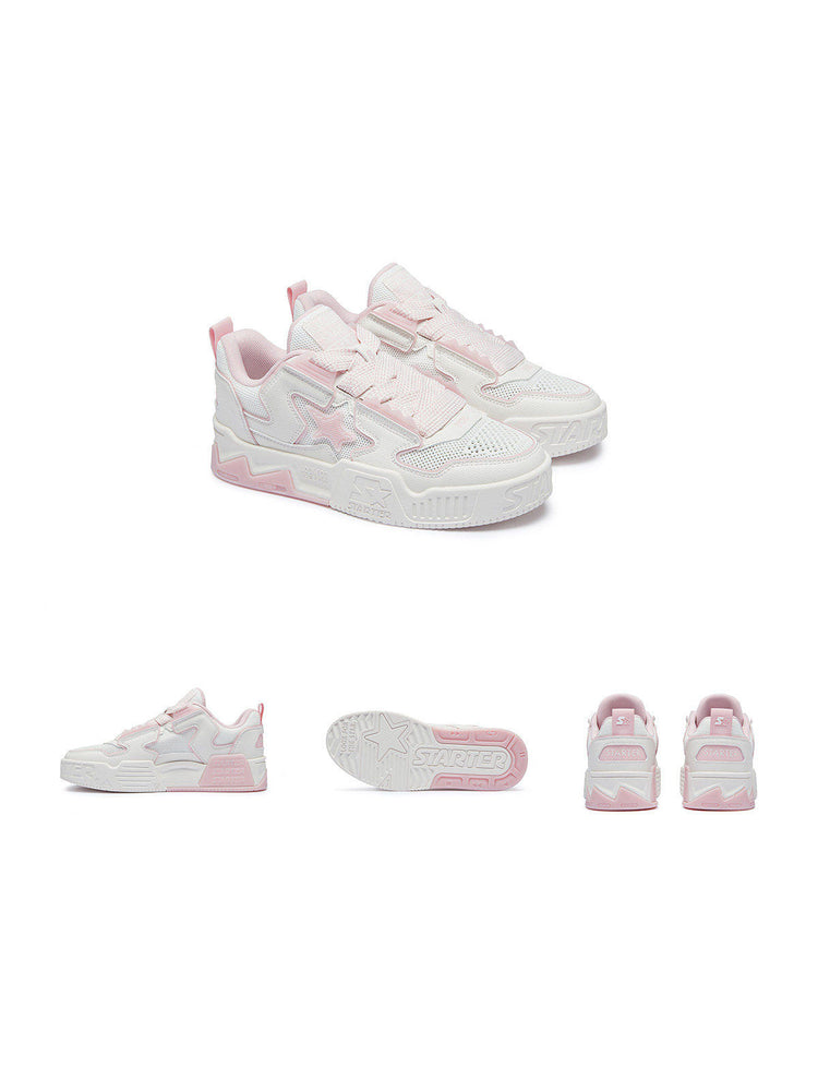 Pink-and-white STARTER VOL 90S sneakers, studio front, side, outsole and rear views