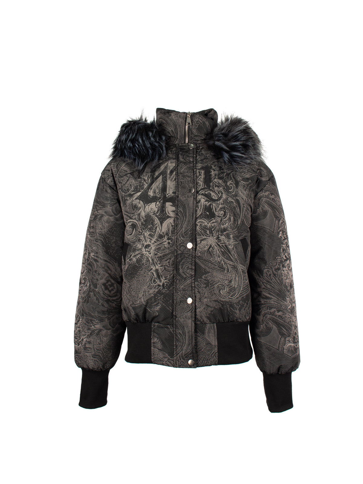 4RE1GN GOTHIC down jacket in charcoal ornamental print — Front garment-only view showing snap placket, pockets and ribbed hem.