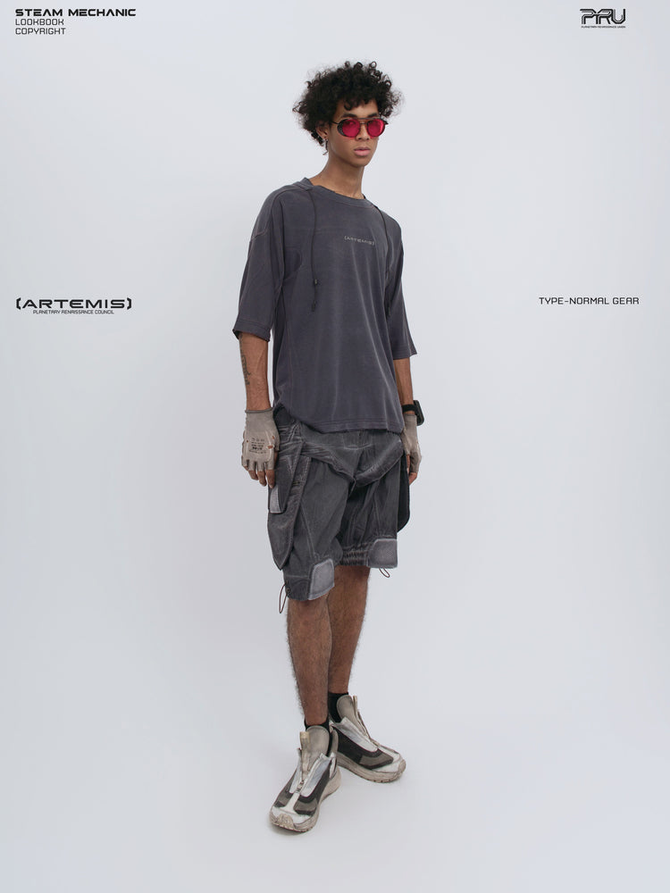 LIGHTSHADOW spirit deconstructed technical tee — full-length side-front modeled view showing the dropped shoulder