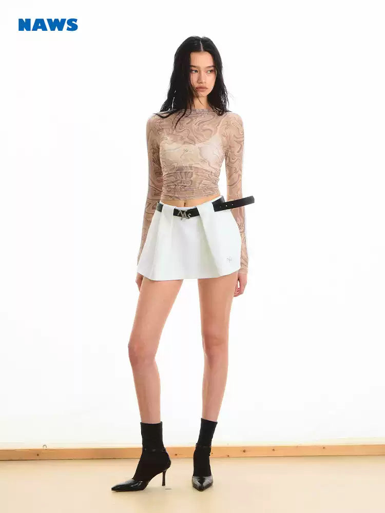 NAWS QUICKSAND striped sheer mesh tee — close modeled view highlighting the construction