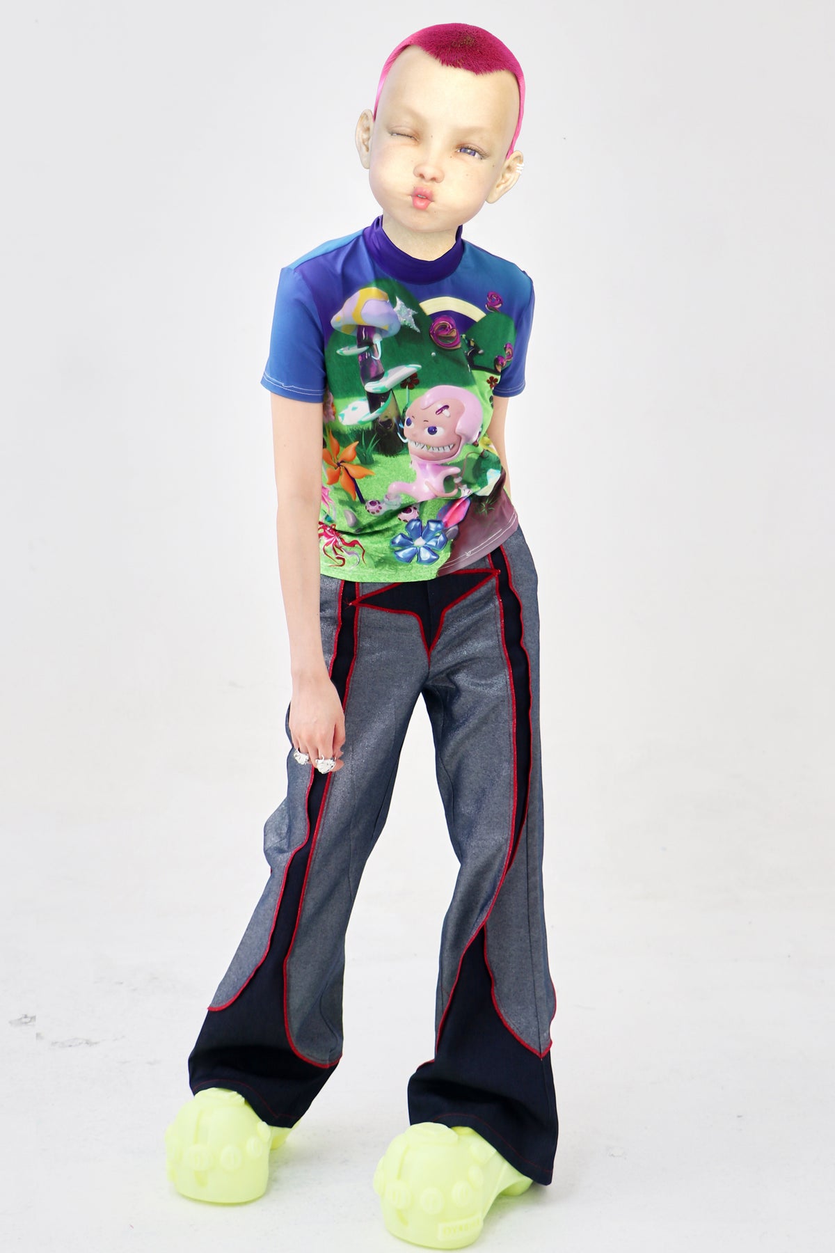 EMBRYO E23 LITTLE ONE printed mock-neck tee in blue multicolor — front modeled pose leaning sideways