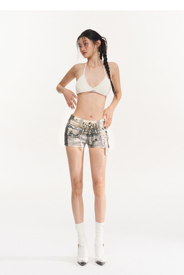 NAWS PRINTLAB multi-pocket denim shorts — close modeled view highlighting the construction
