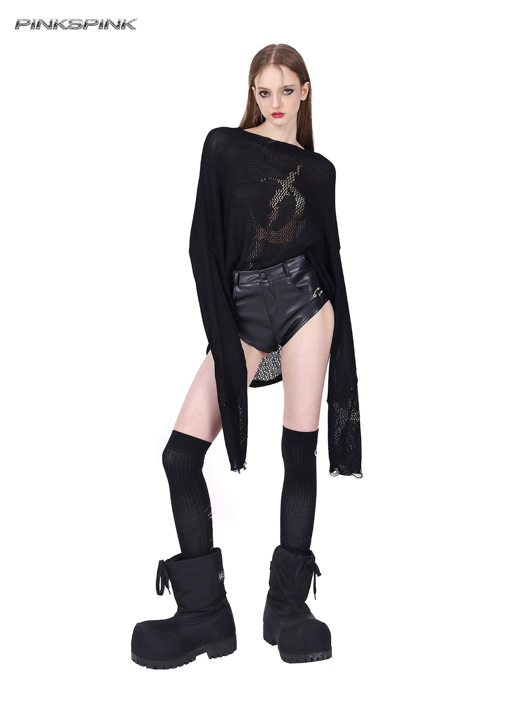 PINKSPINK ELECTRIC MOON distressed open-knit sweater in black — angled front view showing the extended sleeves with separate shorts