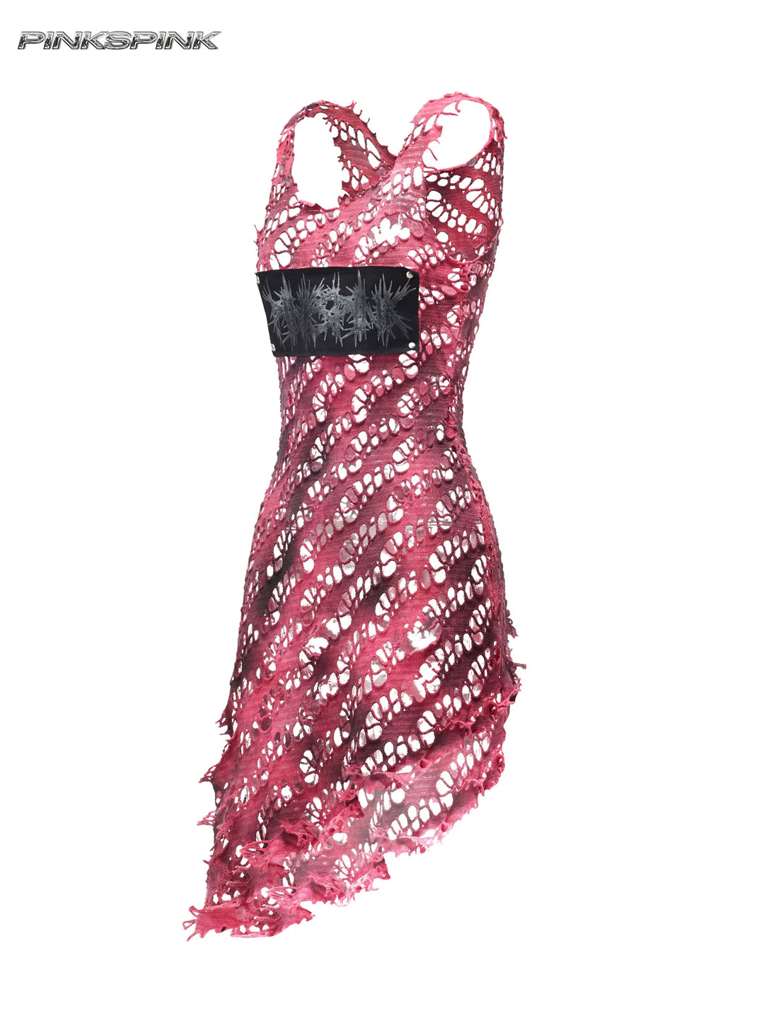 PINKSPINK AFTERGLOW distressed open-knit asymmetric dress in hot pink — angled garment-only front view showing the sheer knit and diagonal hem