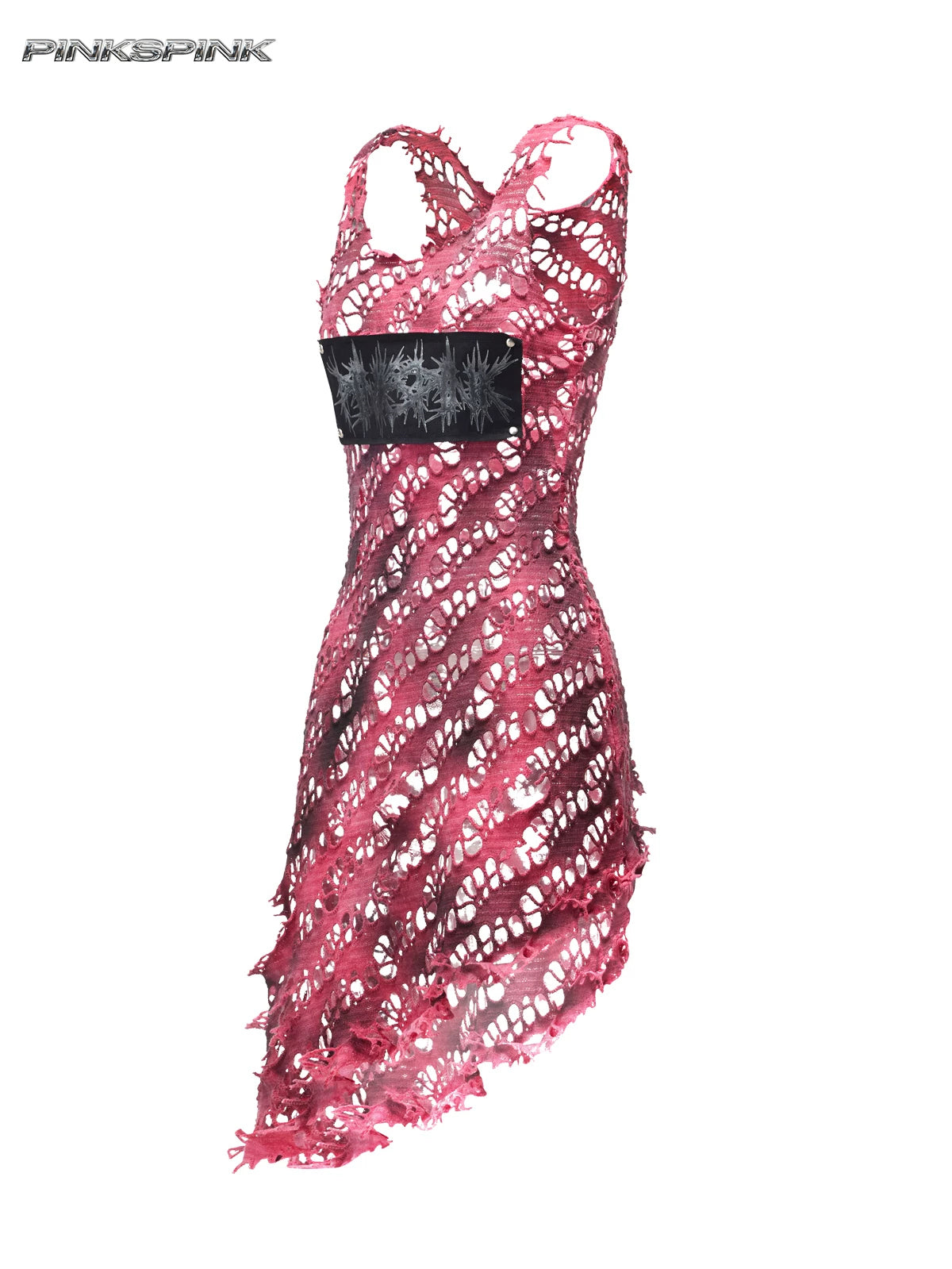 PINKSPINK AFTERGLOW distressed open-knit asymmetric dress in hot pink — angled garment-only front view showing the sheer knit and diagonal hem