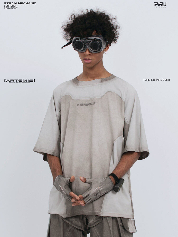 STARCORE moonbeam white velcro mesh tee — front close-up showing the curved chest panel and lowered clasped hands
