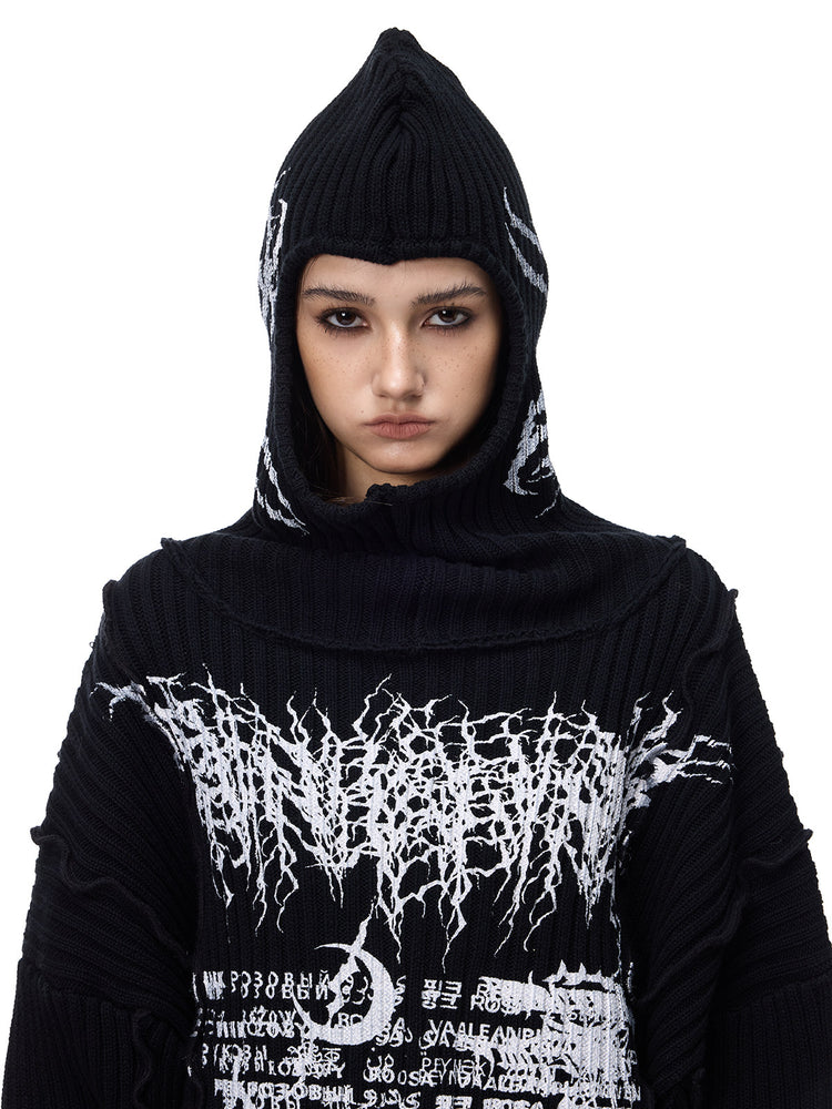 PINKSPINK THORN SIGNAL hooded graphic knit sweater — front hood and white graphic close-up