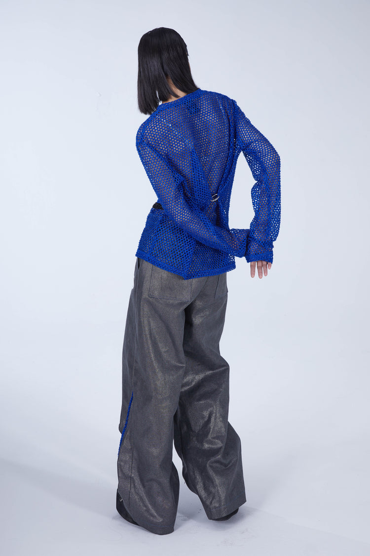 EMBRYO BLUE VOID cutout mesh finger-sleeve top — rear modeled view
