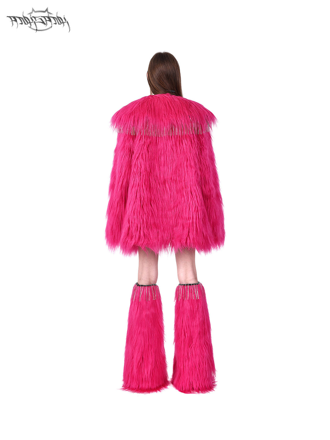 PINKSPINK BARBIE PINK rhinestone faux-fur coat — modeled front styling view