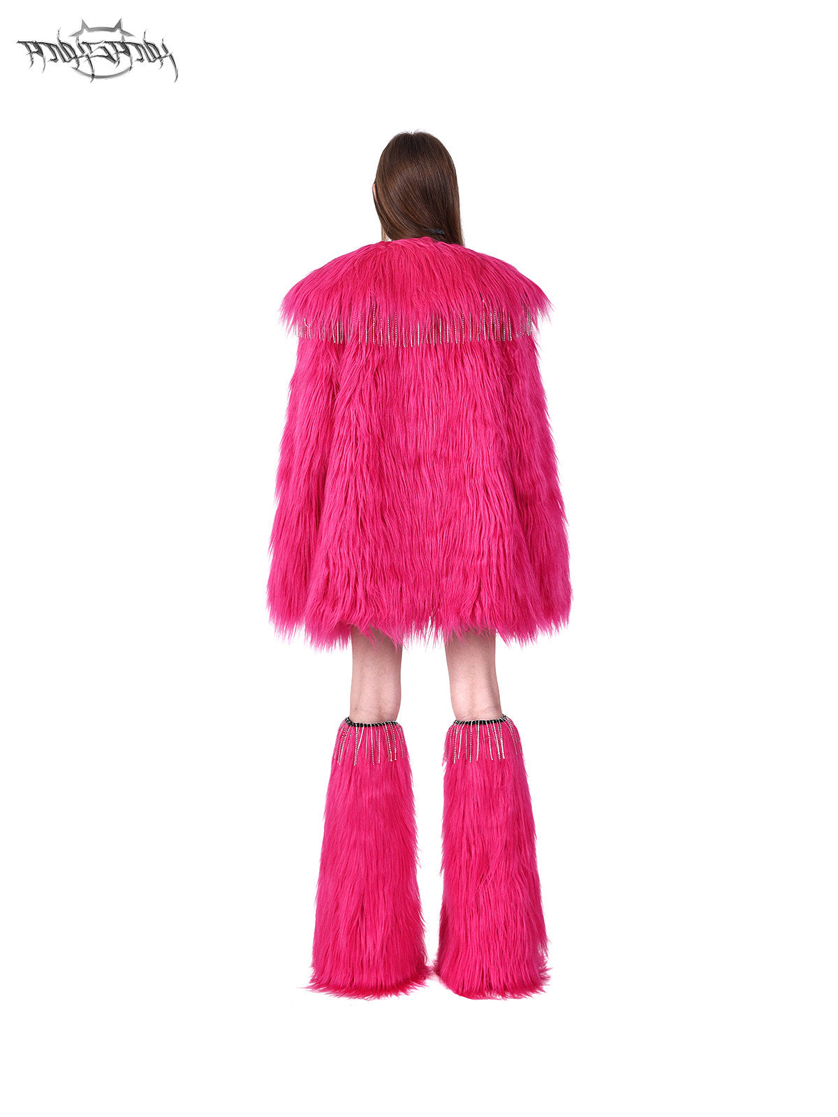 PINKSPINK BARBIE PINK rhinestone faux-fur coat — modeled front styling view