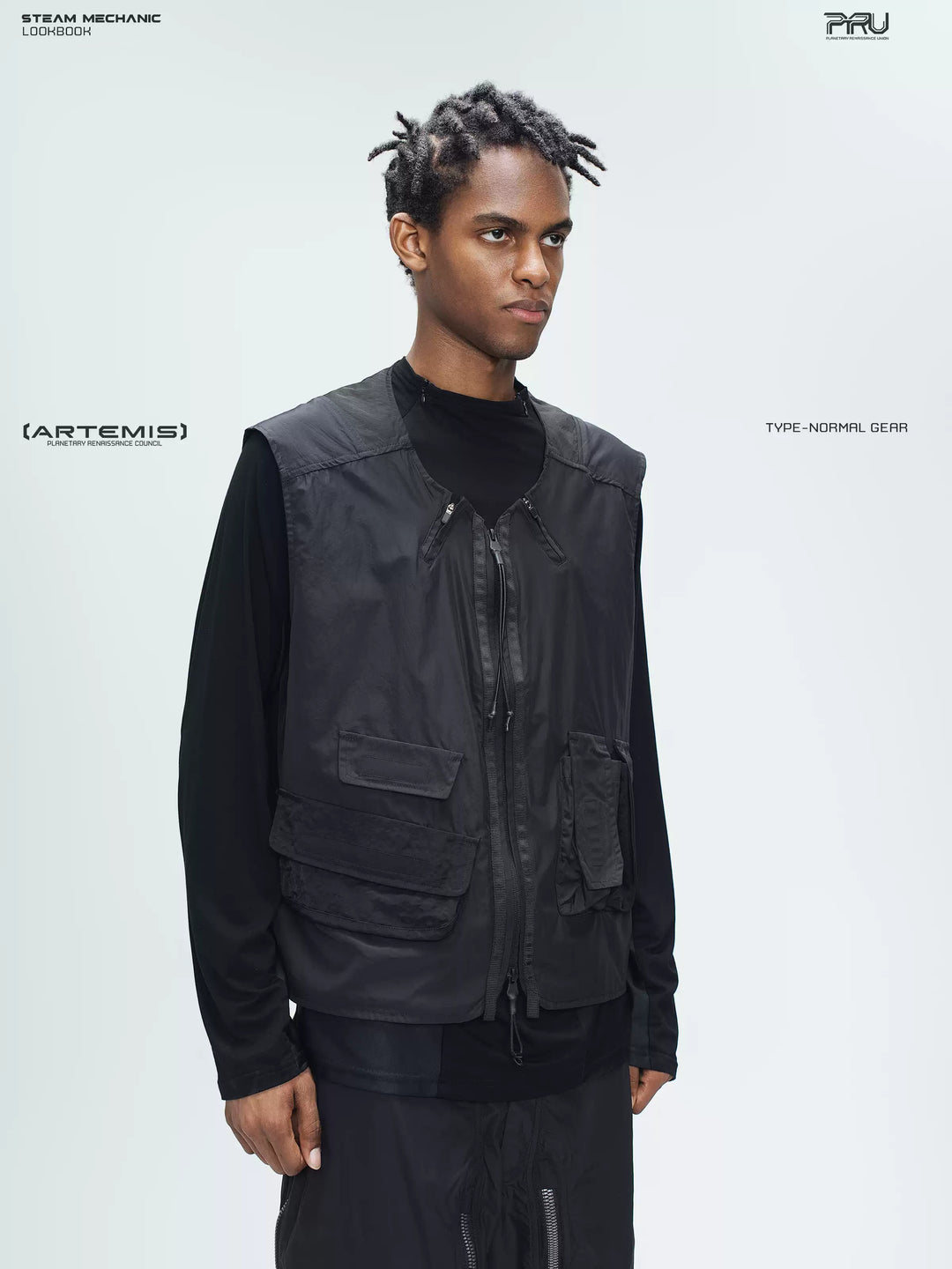 CLERIC utility nylon vest in stardust black — three-quarter modeled view showing the zip front and layered pockets