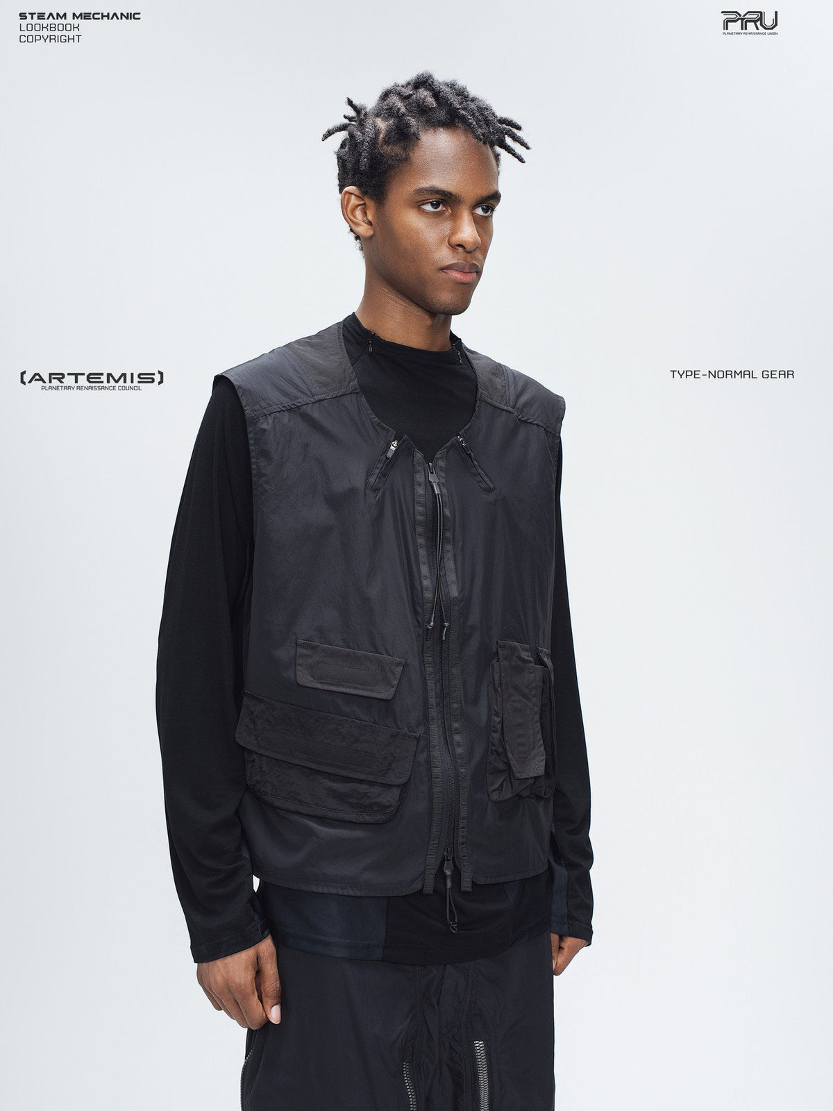 CLERIC utility nylon vest in stardust black — three-quarter modeled view showing the zip front and layered pockets