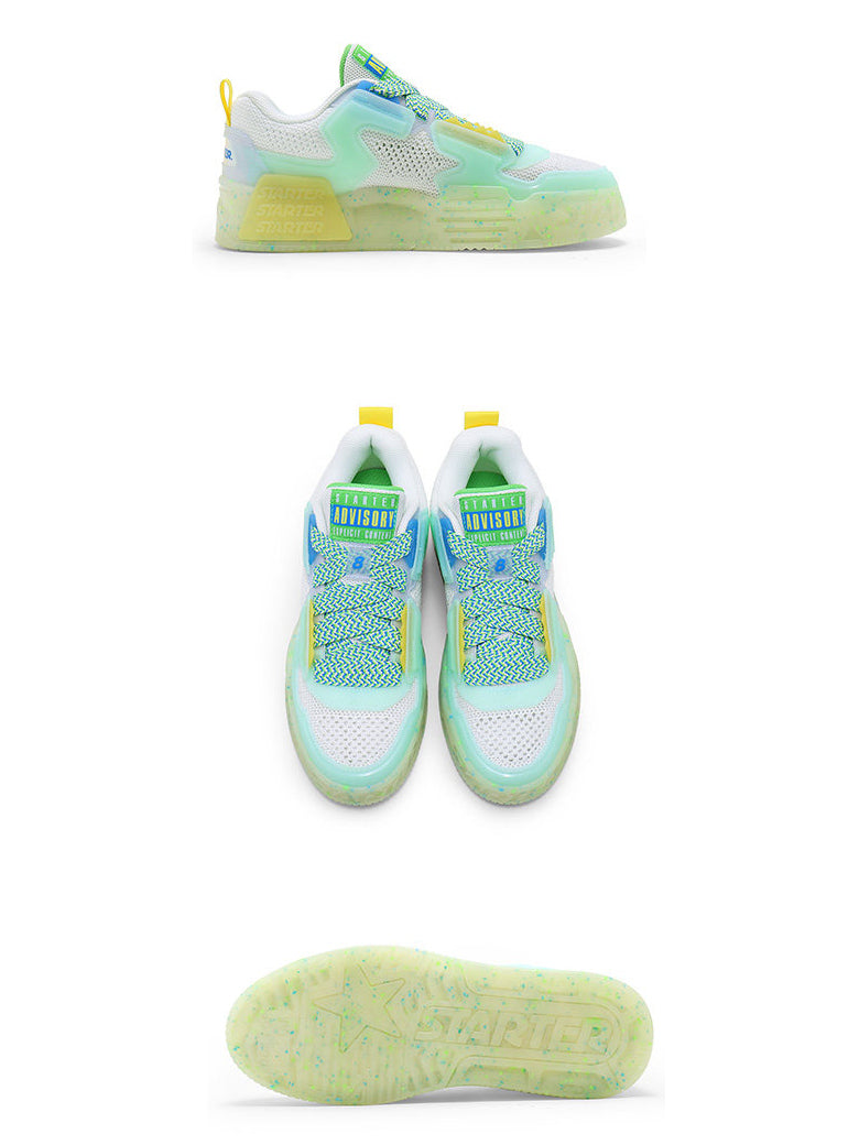 STARTER ICE DRINK Mint side, top and outsole views showing mesh panels, broad patterned laces and molded tread