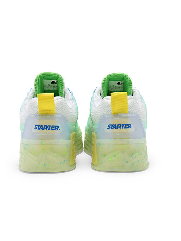 STARTER ICE DRINK Mint rear pair showing yellow heel pull tabs and translucent speckled soles