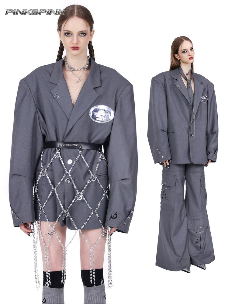 PINKSPINK REBEL pierced oversized tailored blazer in gray — collage showing the oversized blazer styled loose and cinched with a separate chain belt