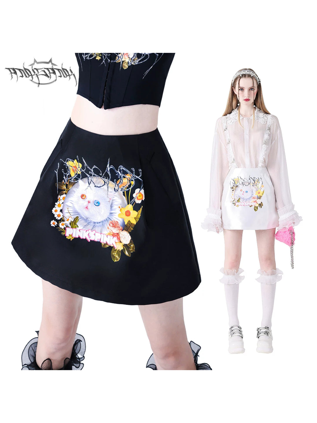 PINKSPINK GARFIELD graphic mini skirt — black and white modeled collage showing the cat-and-flower graphic