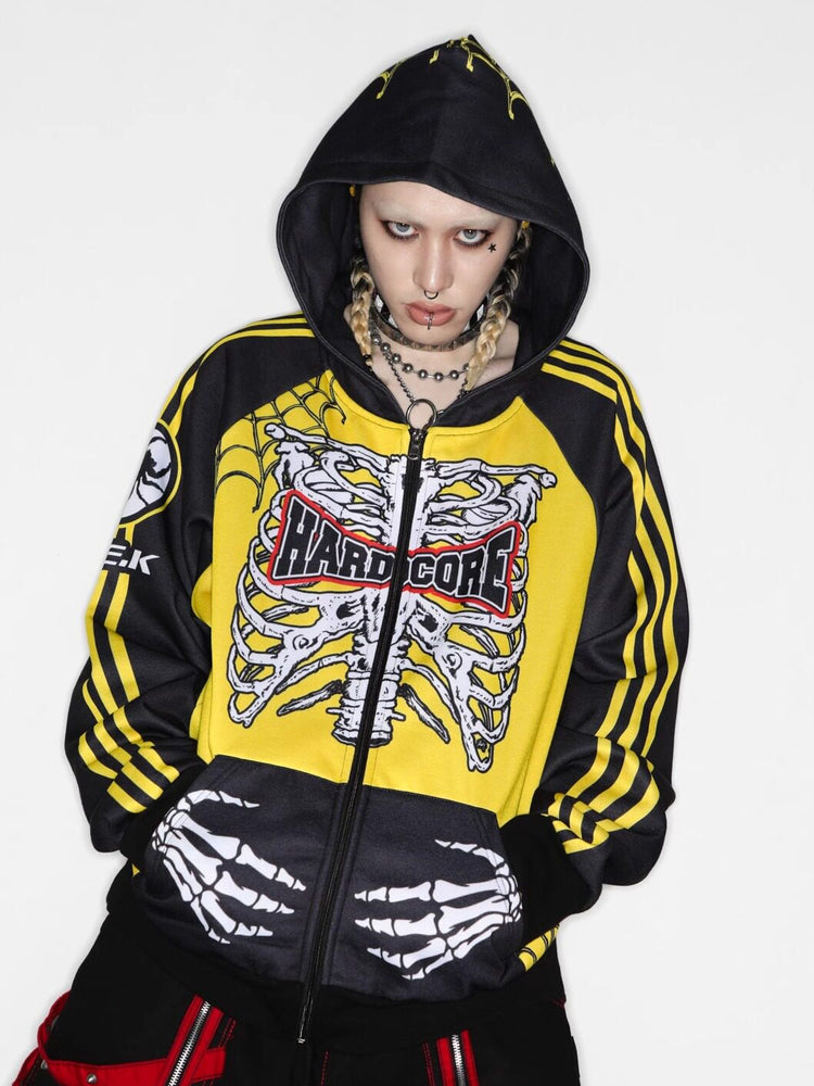 DeadEndKids Hardcore Generation skeleton zip-up hoodie — gallery hero — hood/front detail