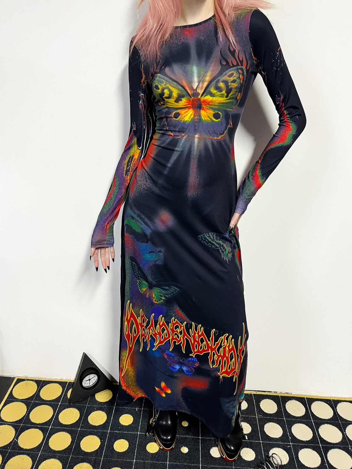 DEADENDKIDS BUTTERFLY GOTH fitted long-sleeve maxi dress — close modeled view