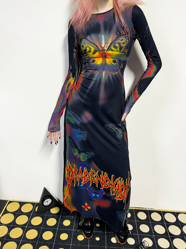 DEADENDKIDS BUTTERFLY GOTH fitted long-sleeve maxi dress — close modeled view