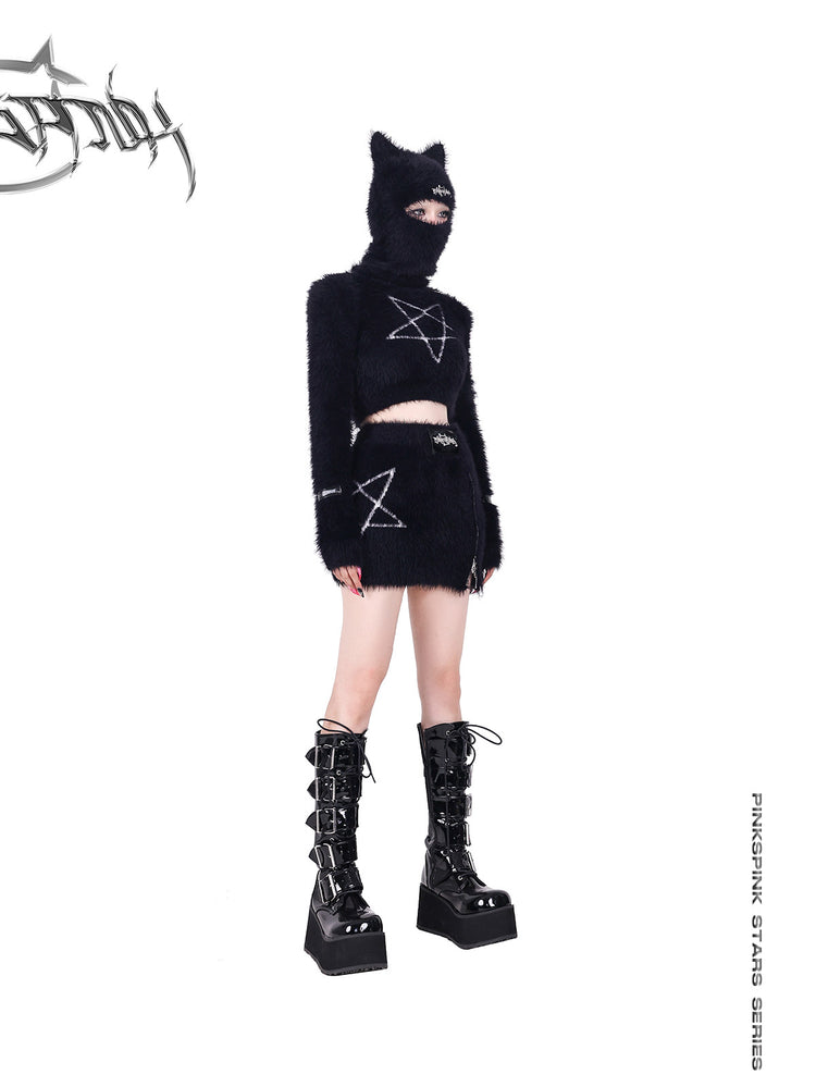 PINKSPINK PENTAGRAM cat-ear knit balaclava — alternate modeled view showing the silhouette
