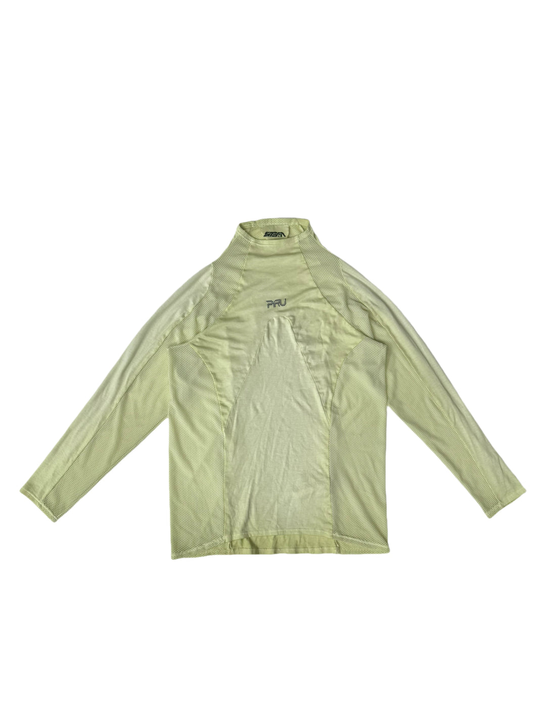 STARCORE mesh-panel long-sleeve top in nebula green — front garment-only view showing curved mesh panels and PRU chest logo