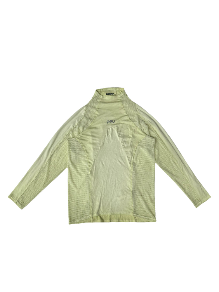 STARCORE mesh-panel long-sleeve top in nebula green — front garment-only view showing curved mesh panels and PRU chest logo