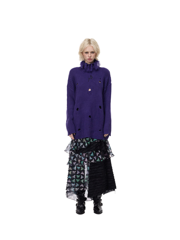 PINKSPINK ELECTRIC MOON distressed high-neck sweater — purple front full-length styling with layered skirt