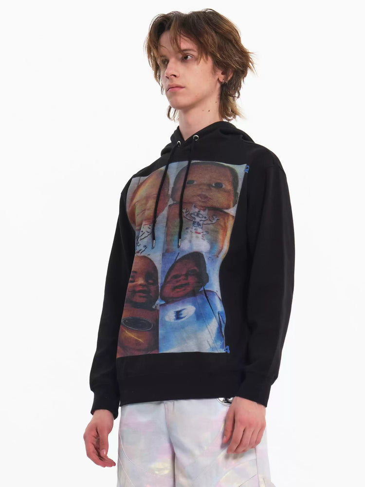 EMBRYO ABCD FOUR CHILDREN black graphic hoodie — front modeled view