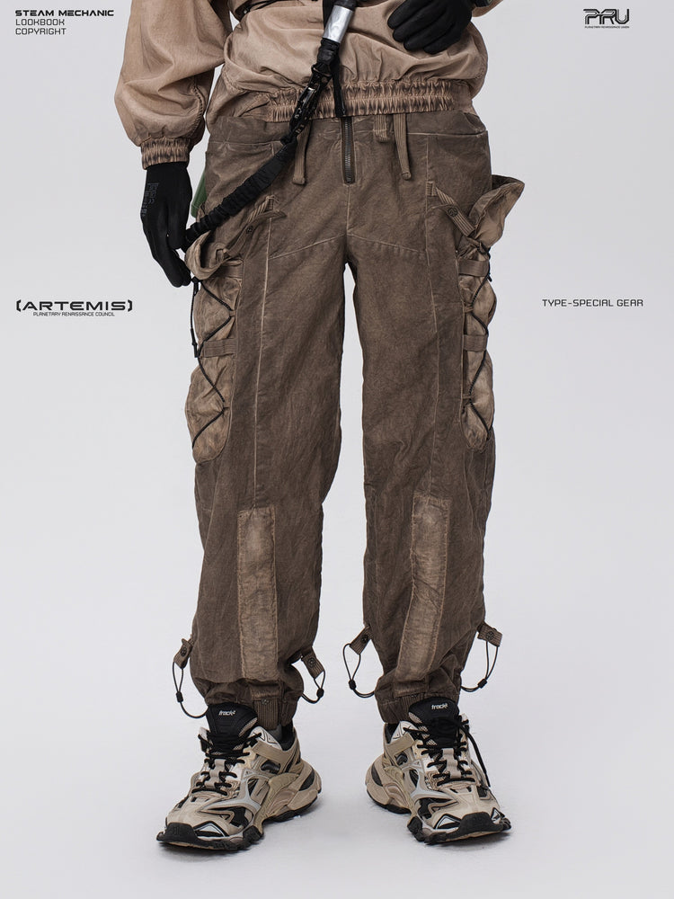 PIONEER gravel brown detachable-waist-bag work pants — front modeled product view
