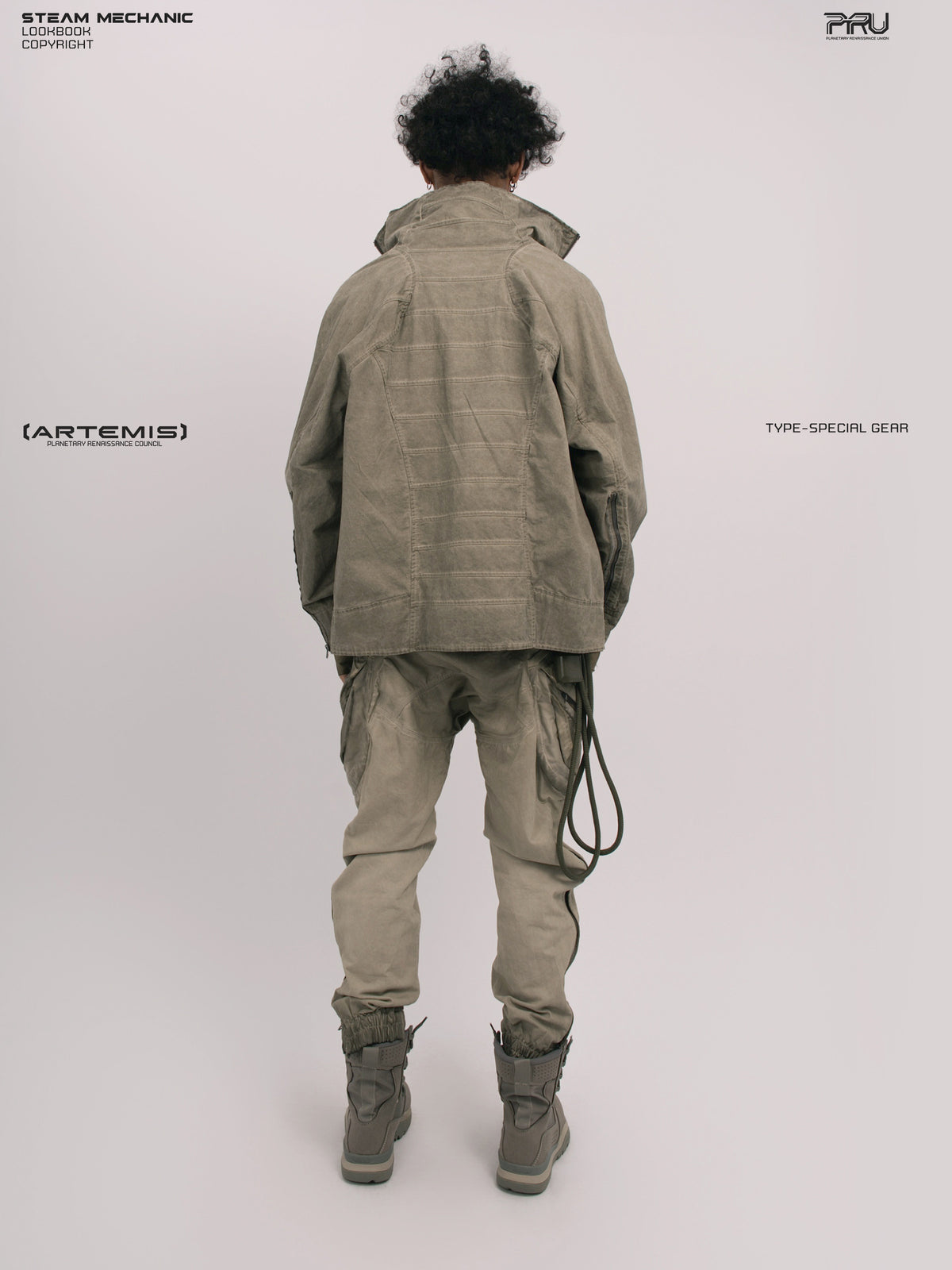 ARTEMIS tuck-paneled technical jacket — full-length straight back modeled view