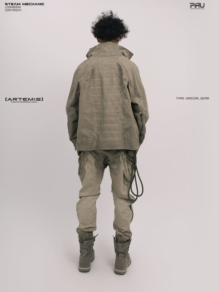 ARTEMIS tuck-paneled technical jacket — full-length straight back modeled view