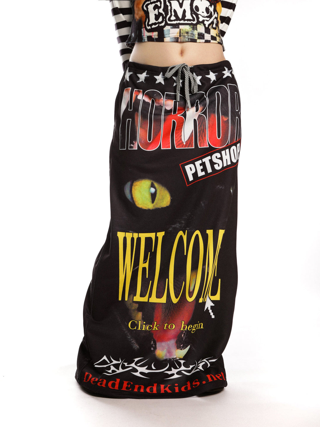 DeadEndKids Horror Petshop black graphic maxi skirt — front cat-eye graphic detail