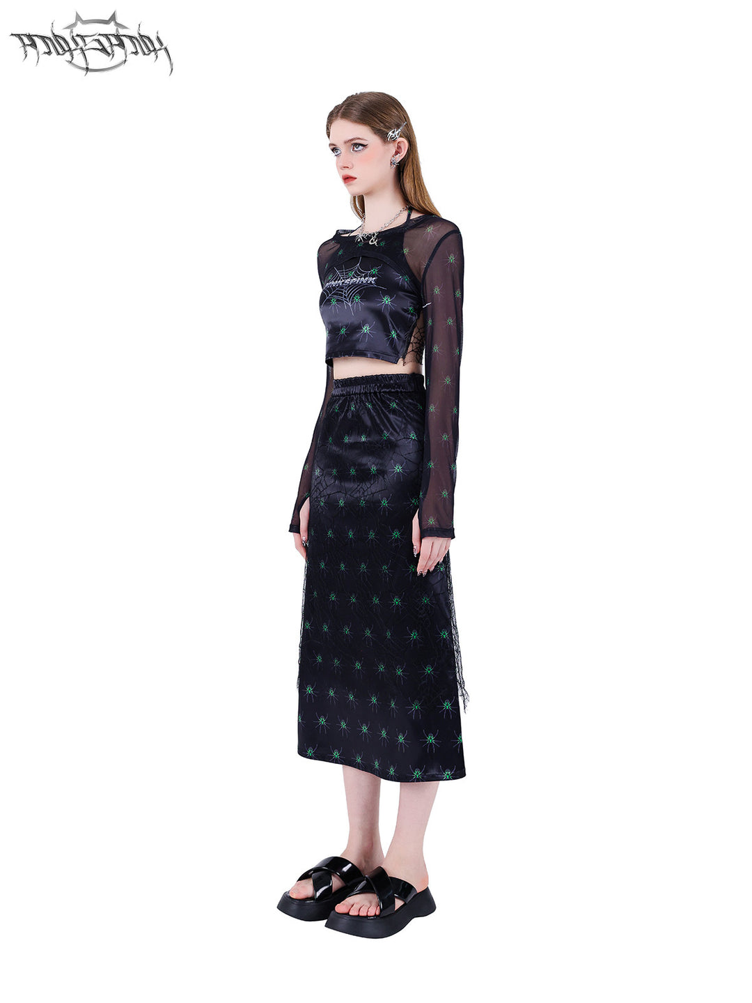 PINKSPINK SPIDER web-mesh halter crop top — side full-length modeled view styled with the separate shrug