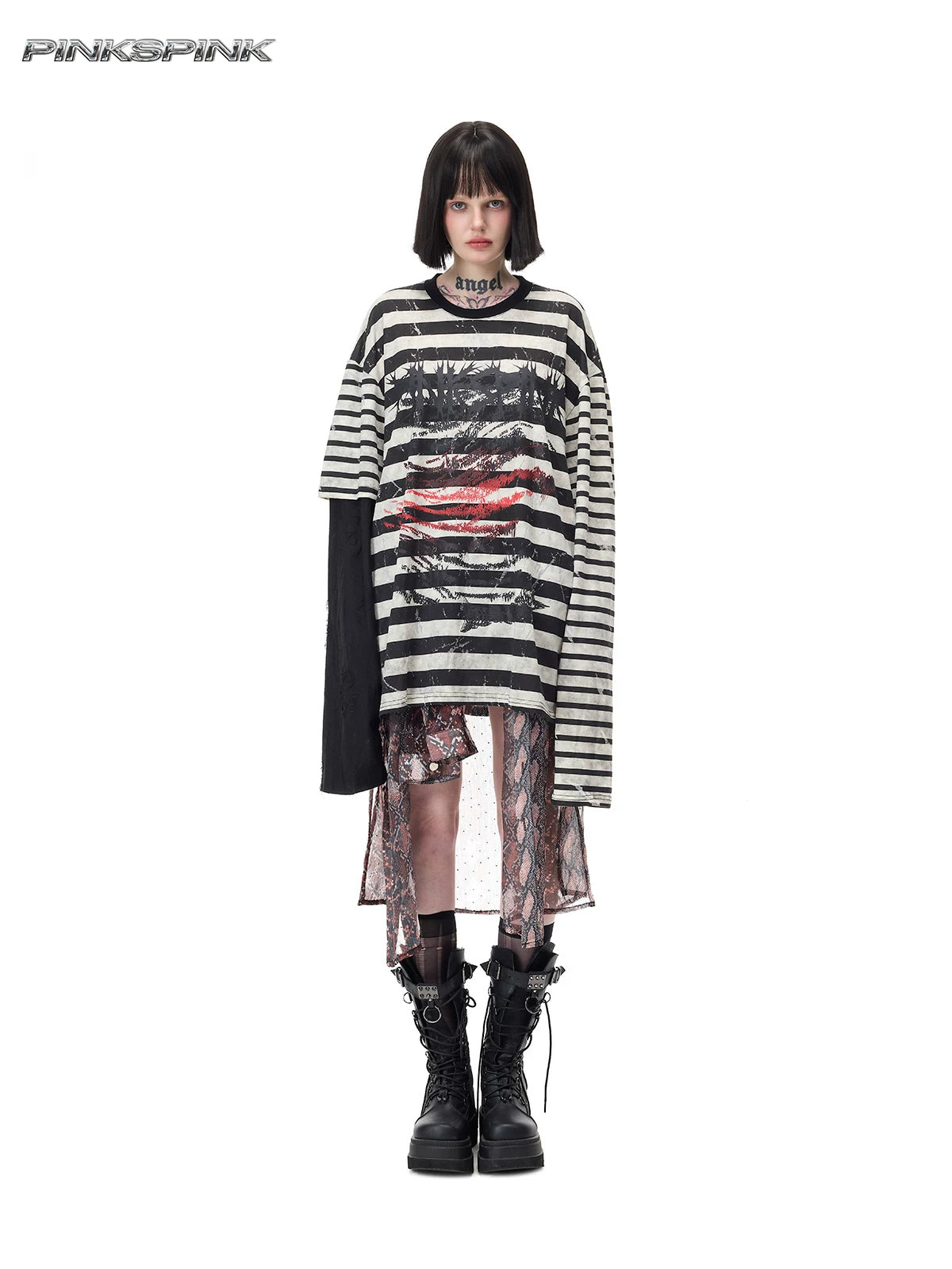 PINKSPINK VENOM rhinestone mesh shirt and mini skirt set in black and red — full front styling view with the shirt tied at the waist beneath a striped tee