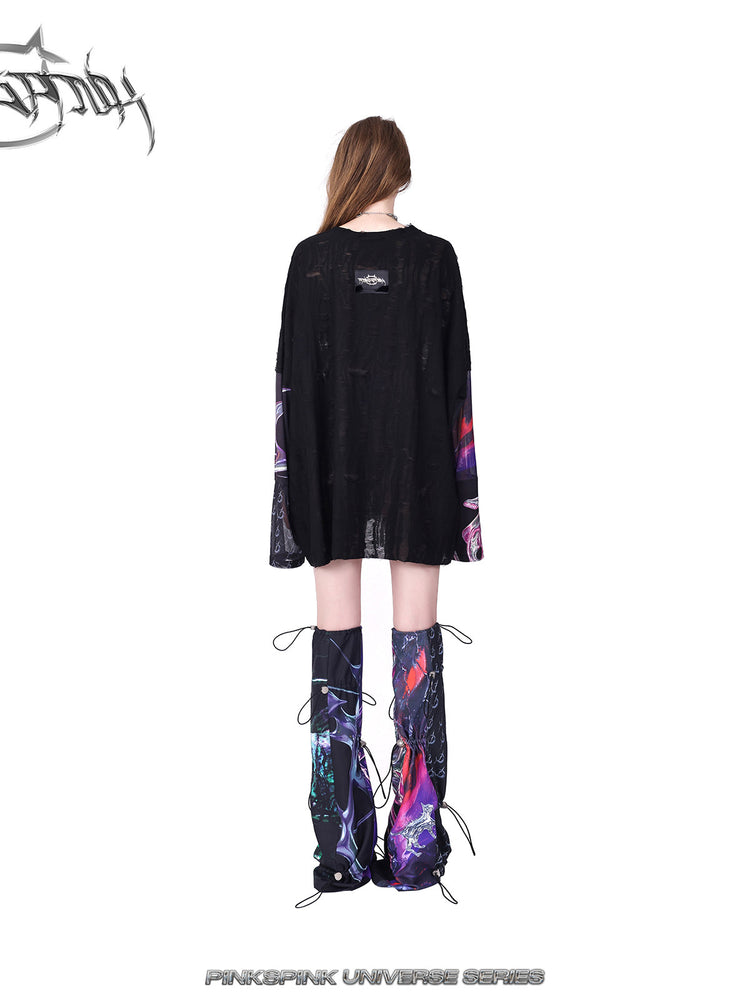 PINKSPINK COSMOS drawcord patchwork leg warmers in black purple multicolor — rear full-length modeled view styled with a black tee